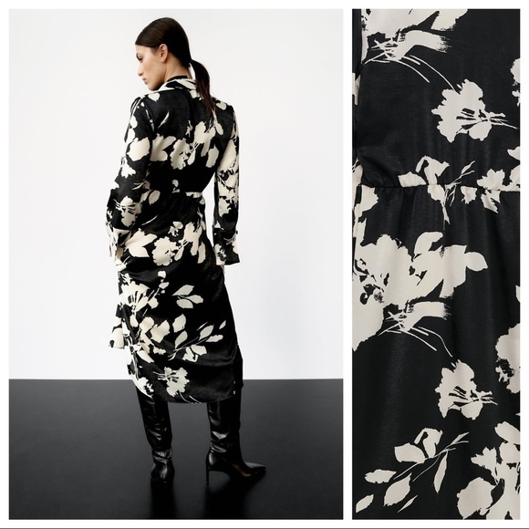 NWT. Zara Black/Cream  Satin Effect Floral Print Midi Dress. Size S. - Picture 2 of 11